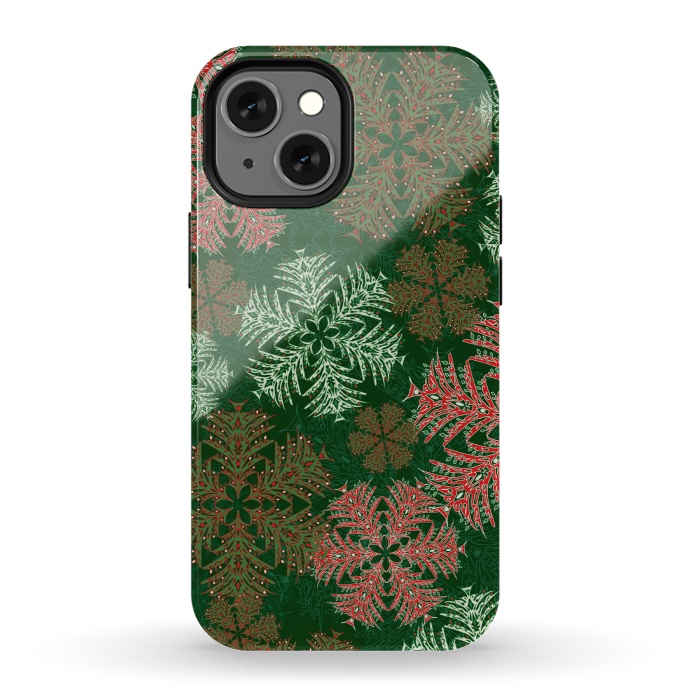 iPhone 13 mini StrongFit Xmas Snowflakes Red & Green by Lotti Brown