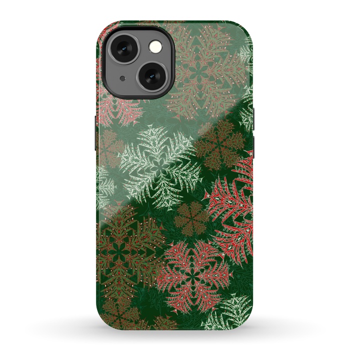 iPhone 13 StrongFit Xmas Snowflakes Red & Green by Lotti Brown