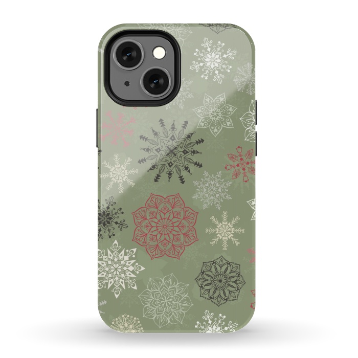 iPhone 13 mini StrongFit Christmas Snowflakes on Dark Green by Paula Ohreen