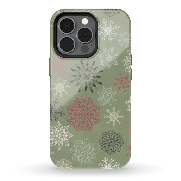 iPhone 13 pro StrongFit Christmas Snowflakes on Dark Green by Paula Ohreen