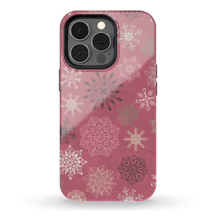 iPhone 13 pro StrongFit Christmas Snowflakes on Pink by Paula Ohreen