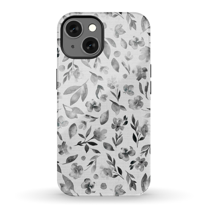 iPhone 13 StrongFit Watercolor Textured Floral Toss - Black and White by Paula Ohreen