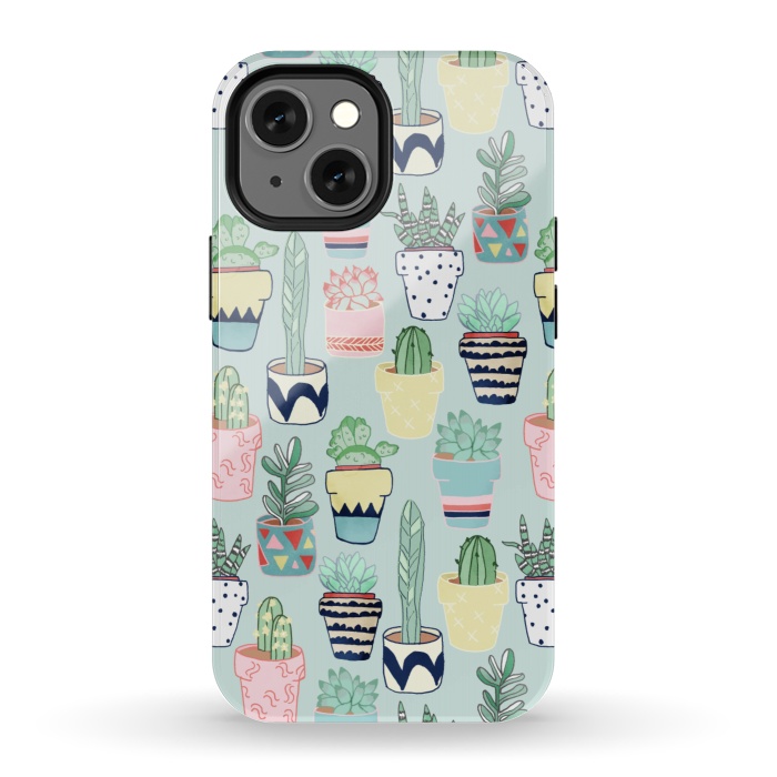 iPhone 13 mini StrongFit Cute Cacti In Pots on Mint Green by Tangerine-Tane