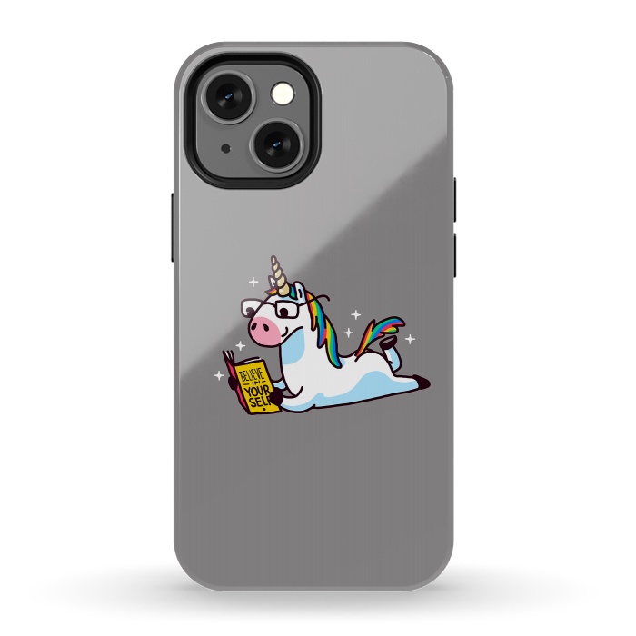 iPhone 13 mini StrongFit Unicorn Reading Book Believe in Yourself Floor by Vó Maria