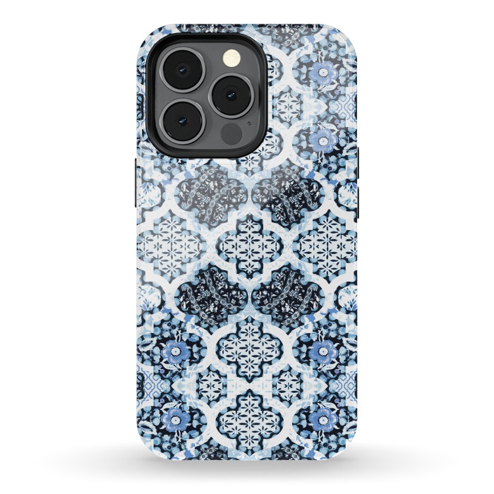 iPhone 13 pro StrongFit Blue white Moroccan decorative mosaic by Oana 