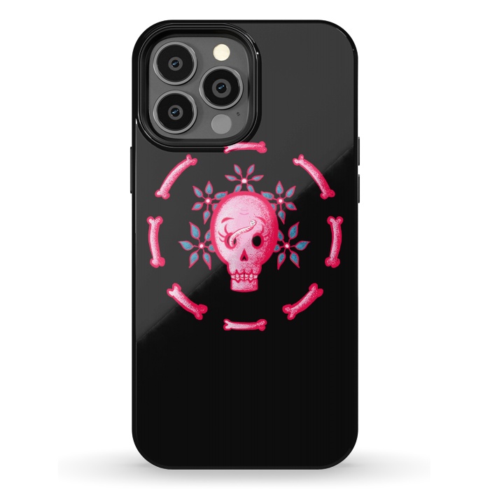 iPhone 13 Pro Max StrongFit Funny Skull In Pink With Flowers And Bones by Boriana Giormova