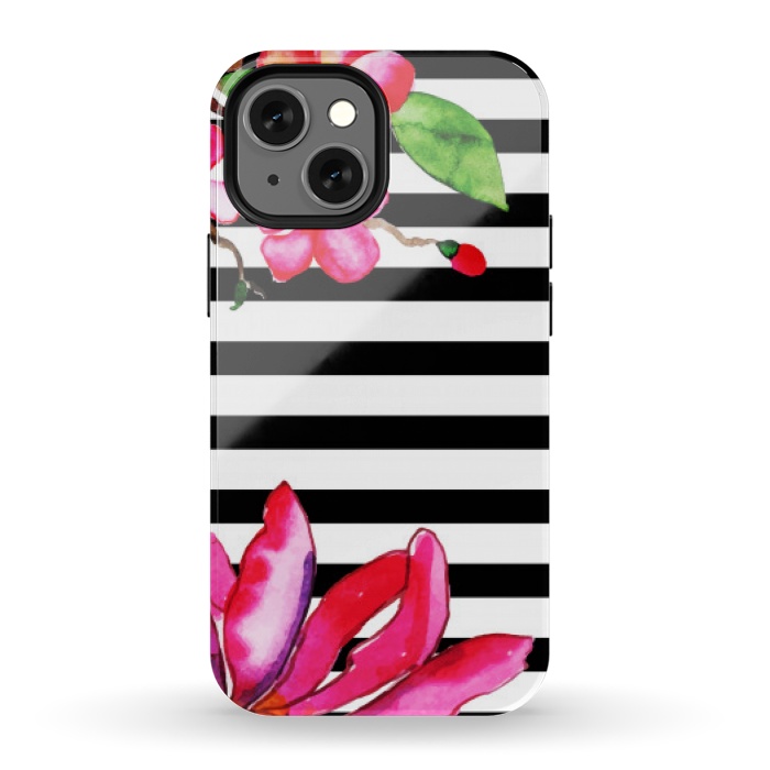 iPhone 13 mini StrongFit black white stripes floral pink pattern by MALLIKA