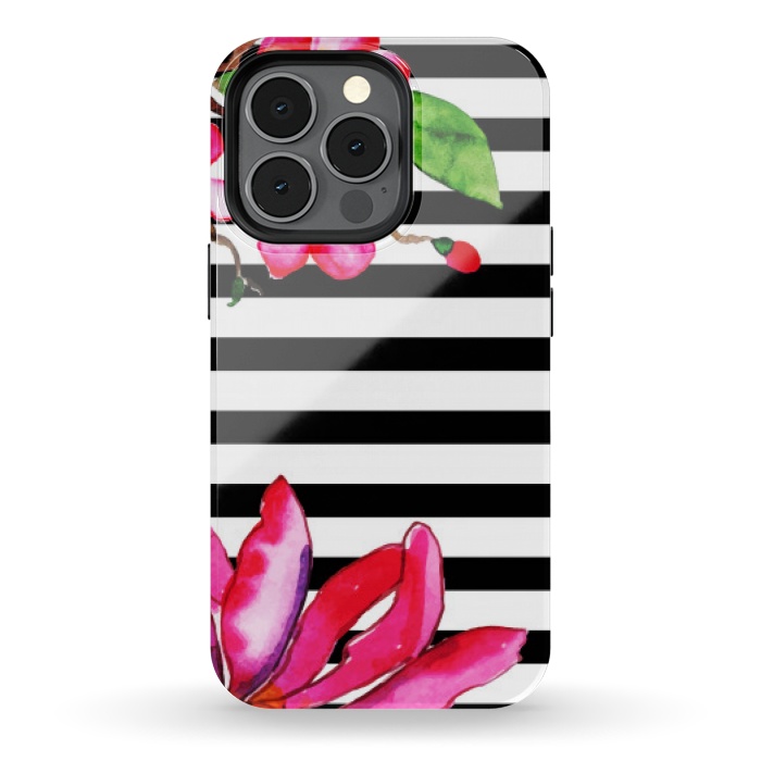 iPhone 13 pro StrongFit black white stripes floral pink pattern by MALLIKA