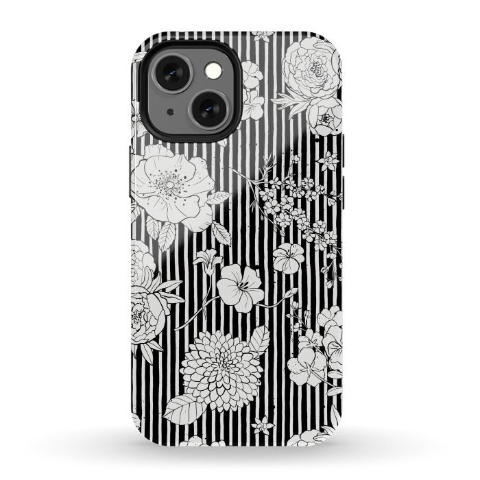 iPhone 13 mini StrongFit Flowers and Stripes Black and White by Ninola Design