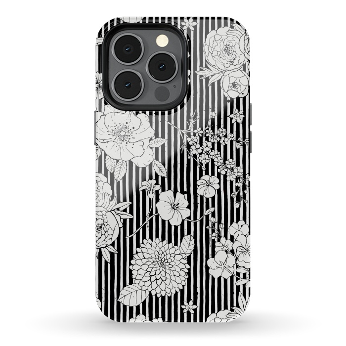 iPhone 13 pro StrongFit Flowers and Stripes Black and White by Ninola Design