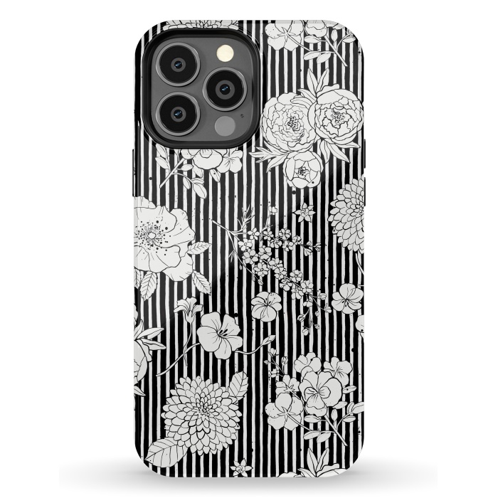 iPhone 13 Pro Max StrongFit Flowers and Stripes Black and White by Ninola Design