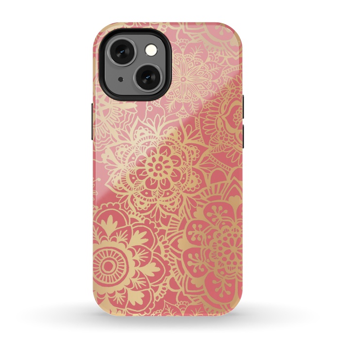 iPhone 13 mini StrongFit Coral Pink and Gold Mandala Pattern by Julie Erin Designs