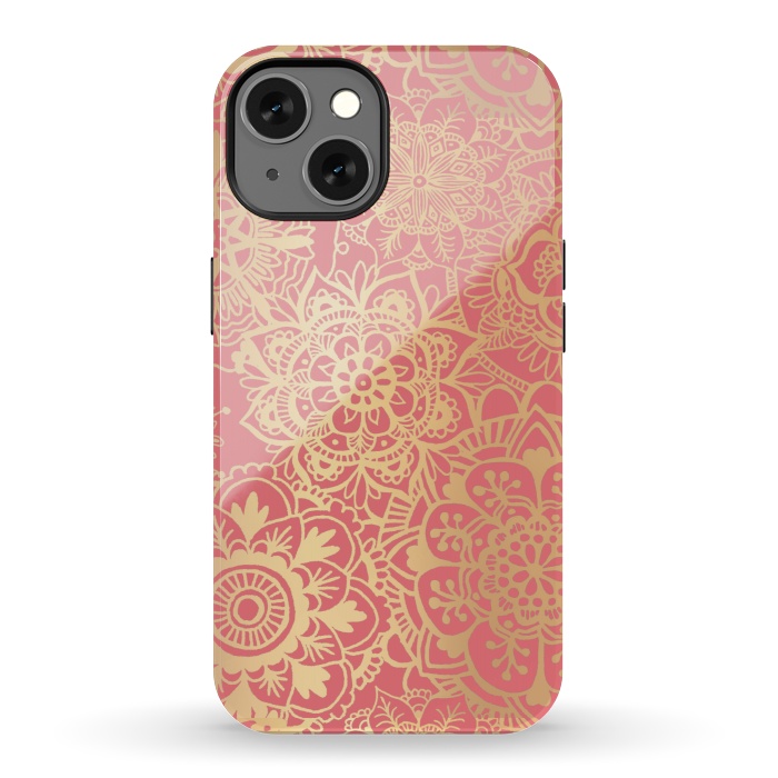 iPhone 13 StrongFit Coral Pink and Gold Mandala Pattern by Julie Erin Designs
