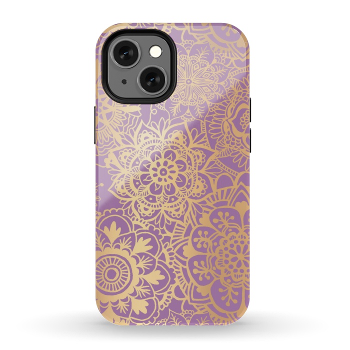 iPhone 13 mini StrongFit Light Purple and Gold Mandala Pattern by Julie Erin Designs