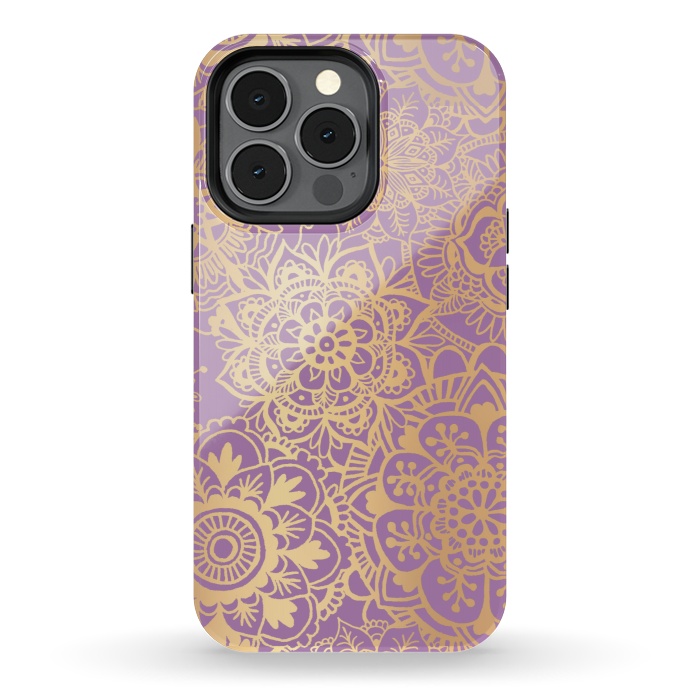 iPhone 13 pro StrongFit Light Purple and Gold Mandala Pattern by Julie Erin Designs