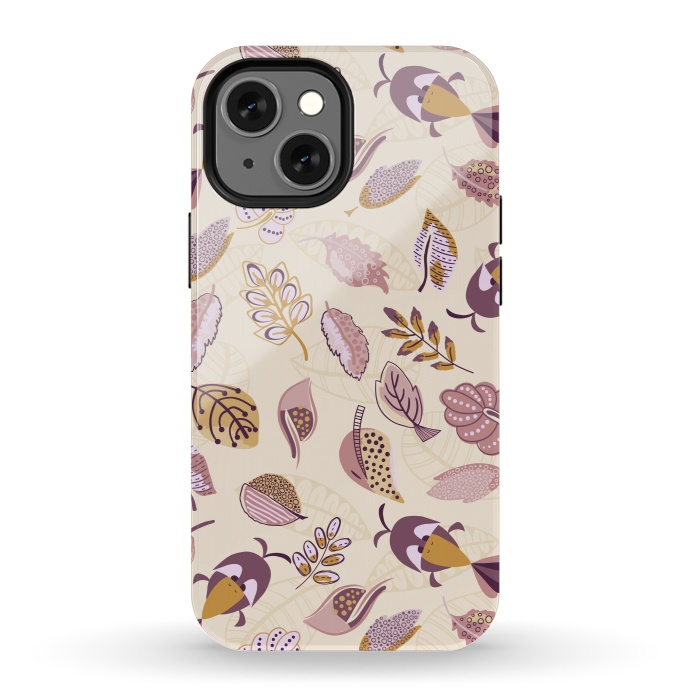 iPhone 13 mini StrongFit Cute parrots in a fun tossed pattern with funky leaves in purple and mustard by Paula Ohreen