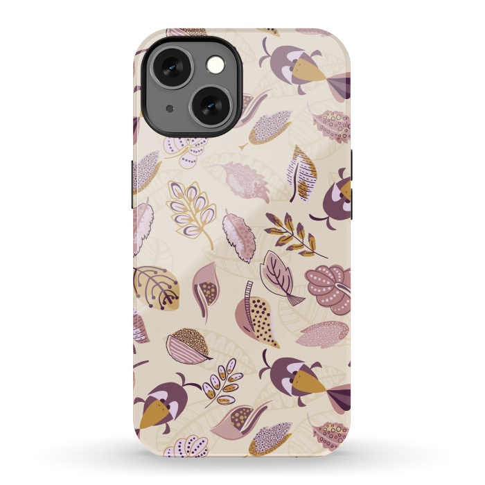 iPhone 13 StrongFit Cute parrots in a fun tossed pattern with funky leaves in purple and mustard by Paula Ohreen