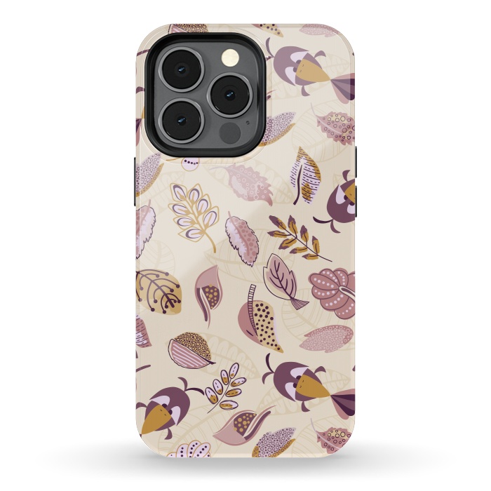iPhone 13 pro StrongFit Cute parrots in a fun tossed pattern with funky leaves in purple and mustard by Paula Ohreen