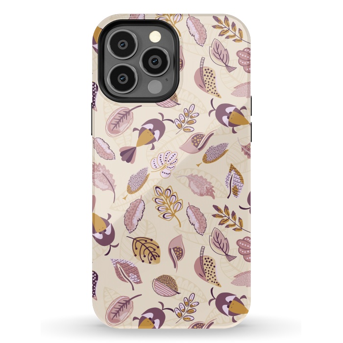 iPhone 13 Pro Max StrongFit Cute parrots in a fun tossed pattern with funky leaves in purple and mustard by Paula Ohreen