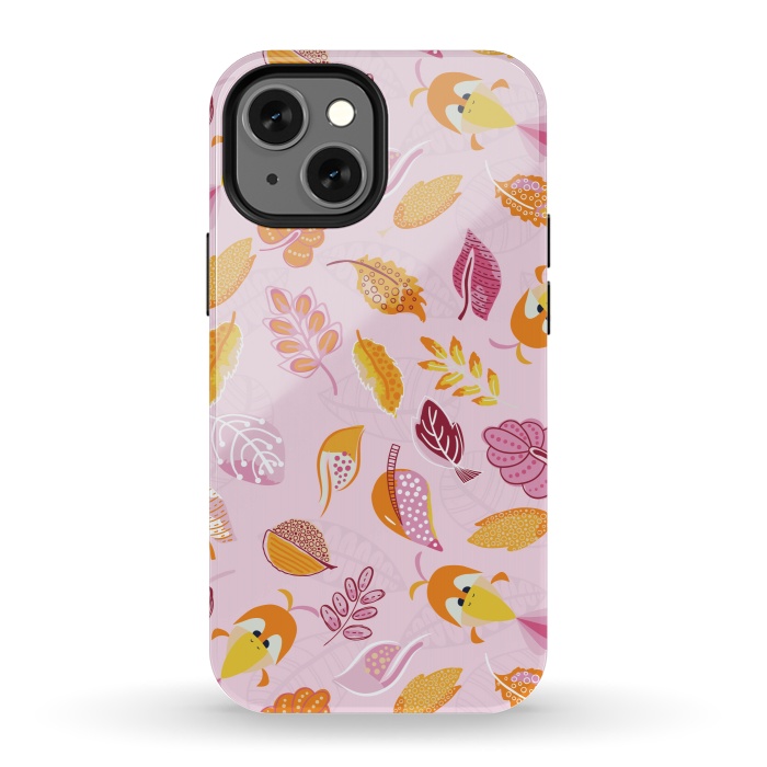 iPhone 13 mini StrongFit Cute parrots in a fun tossed pattern with funky leaves in pink and orange by Paula Ohreen