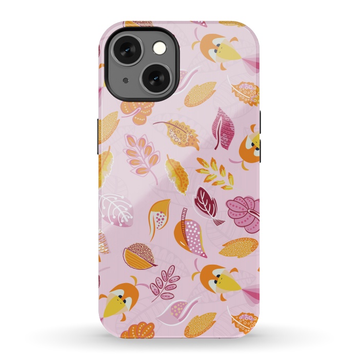 iPhone 13 StrongFit Cute parrots in a fun tossed pattern with funky leaves in pink and orange by Paula Ohreen
