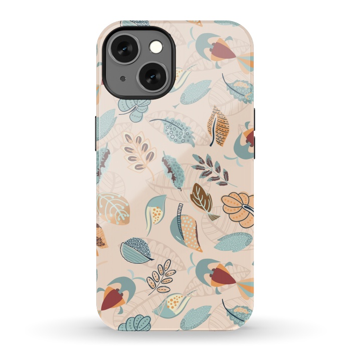 iPhone 13 StrongFit Cute parrots in a fun tossed pattern with funky leaves in blue and red by Paula Ohreen