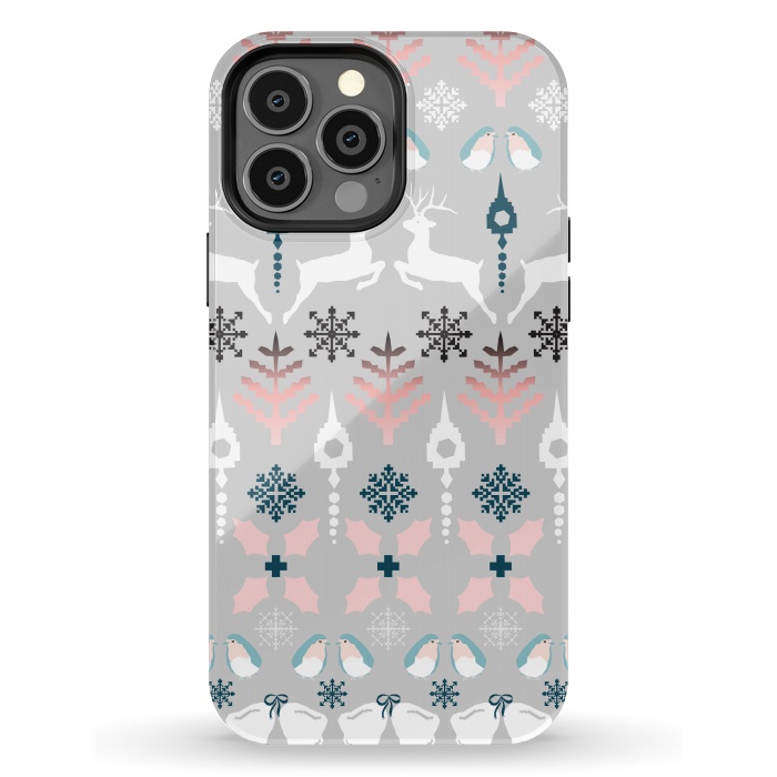 iPhone 13 Pro Max StrongFit Christmas Fair Isle in Grey, Pink and Blue by Paula Ohreen