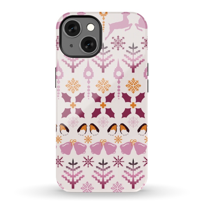 iPhone 13 StrongFit Fair Isle Christmas in pink and orange by Paula Ohreen