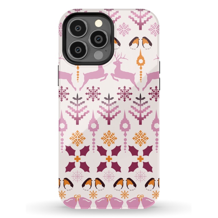 iPhone 13 Pro Max StrongFit Fair Isle Christmas in pink and orange by Paula Ohreen