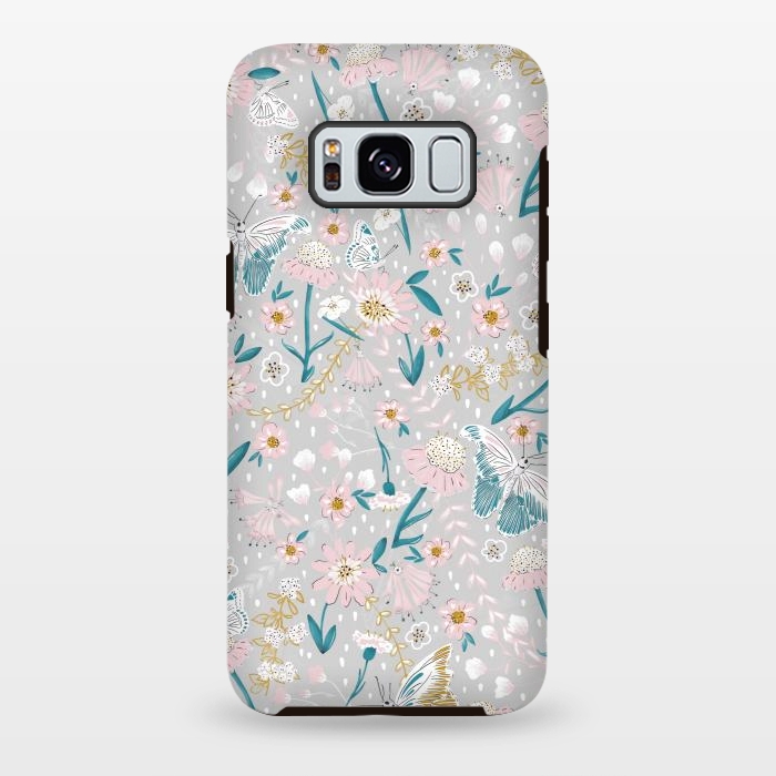 Galaxy S8 plus StrongFit Delicate Daisies and Butterflies half-drop repeat pattern by Paula Ohreen