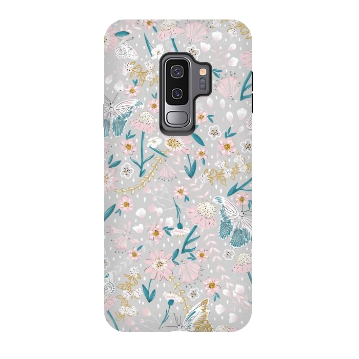 Galaxy S9 plus StrongFit Delicate Daisies and Butterflies half-drop repeat pattern by Paula Ohreen