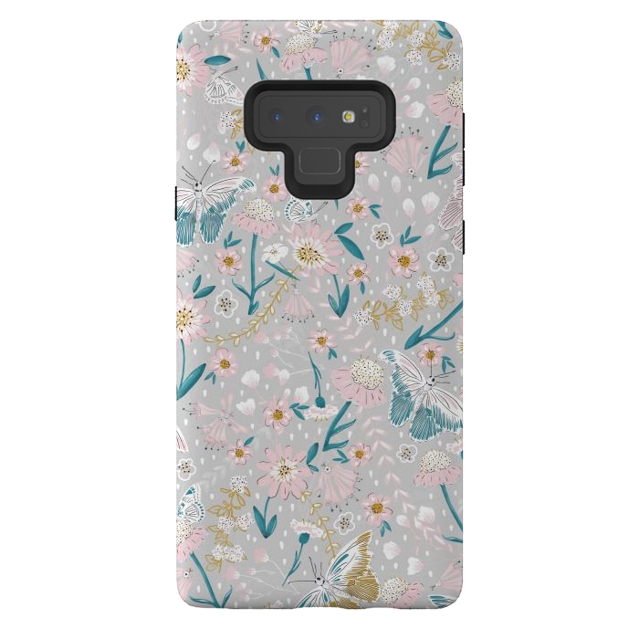Galaxy Note 9 StrongFit Delicate Daisies and Butterflies half-drop repeat pattern by Paula Ohreen