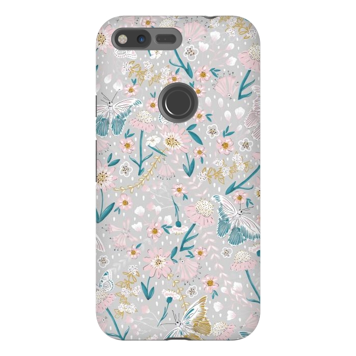 Pixel XL StrongFit Delicate Daisies and Butterflies half-drop repeat pattern by Paula Ohreen
