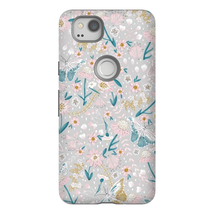 Pixel 2 StrongFit Delicate Daisies and Butterflies half-drop repeat pattern by Paula Ohreen