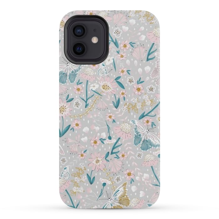iPhone 12 mini StrongFit Delicate Daisies and Butterflies half-drop repeat pattern by Paula Ohreen