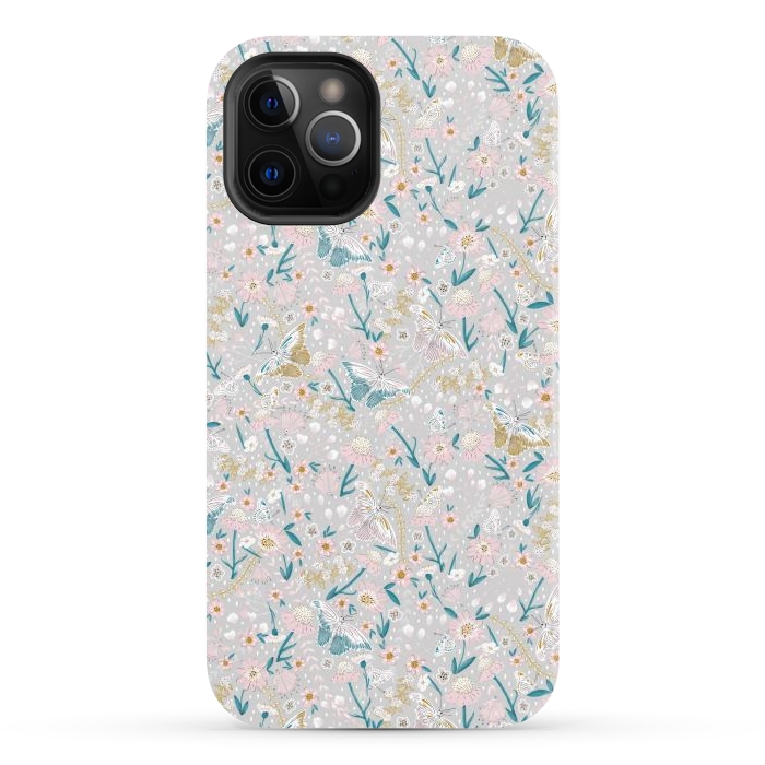 iPhone 12 Pro Max StrongFit Delicate Daisies and Butterflies half-drop repeat pattern by Paula Ohreen