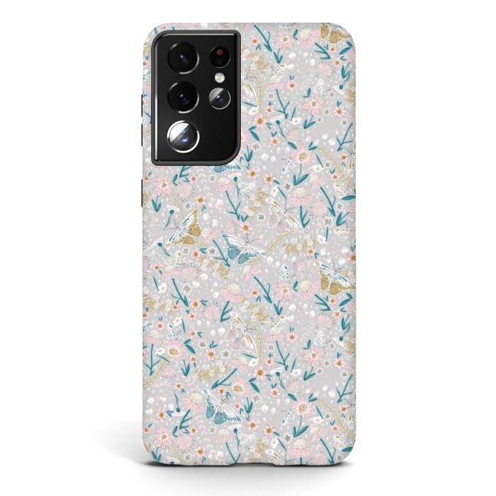 Galaxy S21 ultra StrongFit Delicate Daisies and Butterflies half-drop repeat pattern by Paula Ohreen