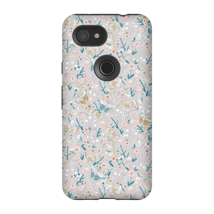 Pixel 3A StrongFit Delicate Daisies and Butterflies half-drop repeat pattern by Paula Ohreen