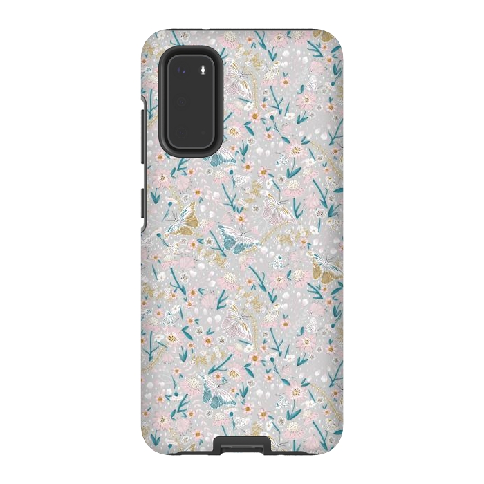 Galaxy S20 StrongFit Delicate Daisies and Butterflies half-drop repeat pattern by Paula Ohreen