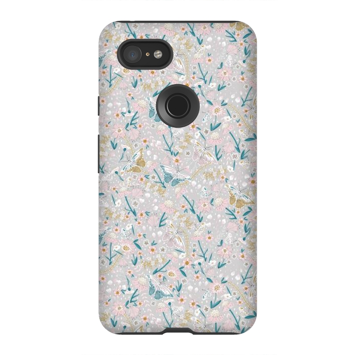 Pixel 3XL StrongFit Delicate Daisies and Butterflies half-drop repeat pattern by Paula Ohreen