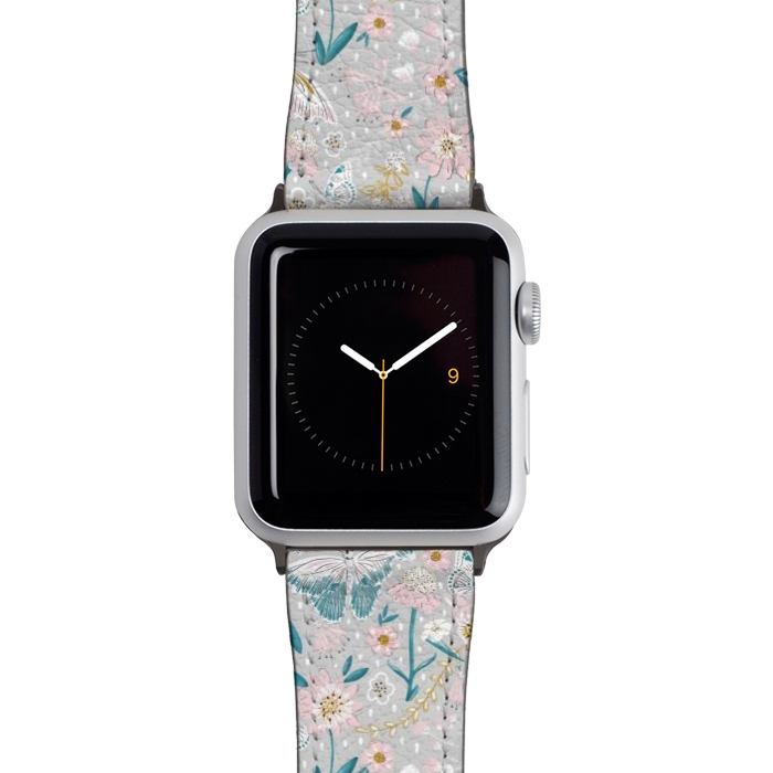 Watch 42mm / 44mm Strap PU leather Delicate Daisies and Butterflies half-drop repeat pattern by Paula Ohreen