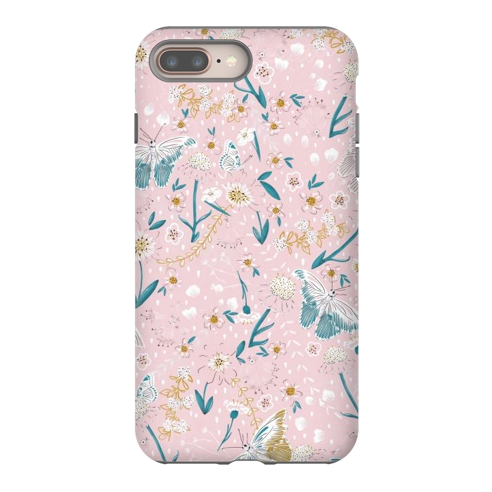 iPhone 7 plus StrongFit Delicate Daisies and Butterflies half-drop repeat pattern on Pink by Paula Ohreen
