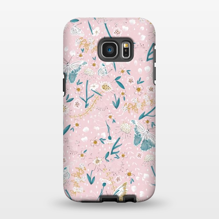 Galaxy S7 EDGE StrongFit Delicate Daisies and Butterflies half-drop repeat pattern on Pink by Paula Ohreen