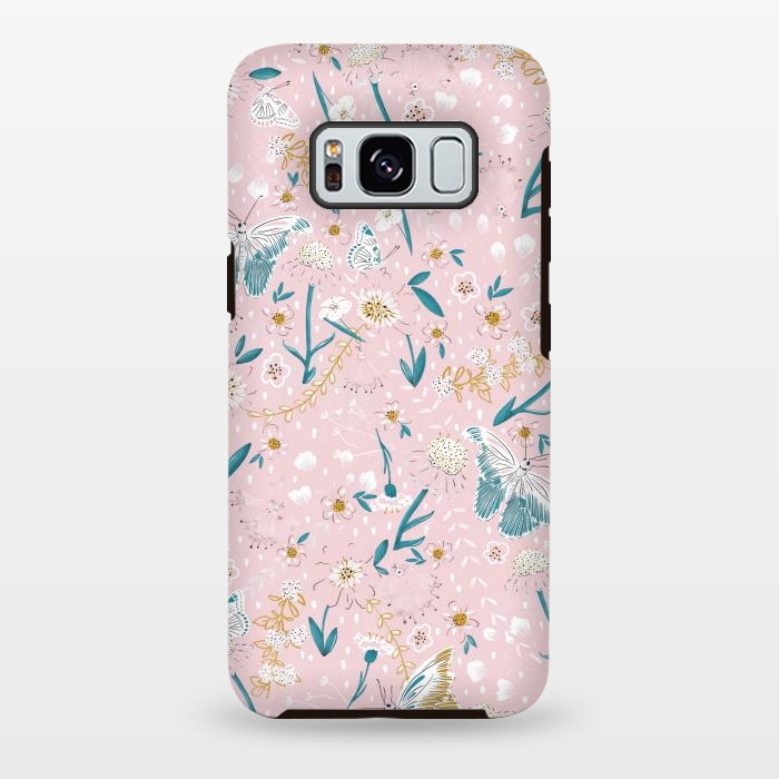 Galaxy S8 plus StrongFit Delicate Daisies and Butterflies half-drop repeat pattern on Pink by Paula Ohreen