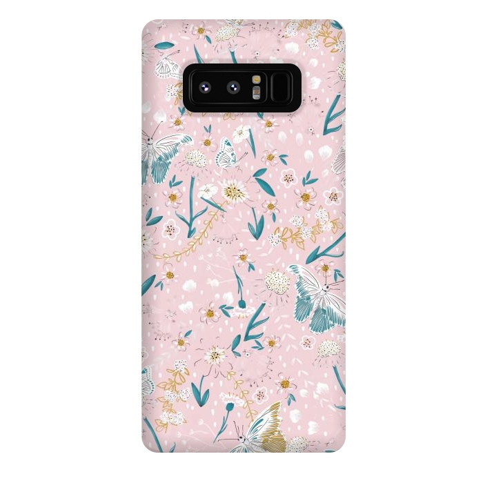Galaxy Note 8 StrongFit Delicate Daisies and Butterflies half-drop repeat pattern on Pink by Paula Ohreen