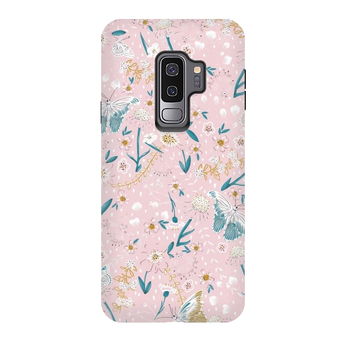 Galaxy S9 plus StrongFit Delicate Daisies and Butterflies half-drop repeat pattern on Pink by Paula Ohreen
