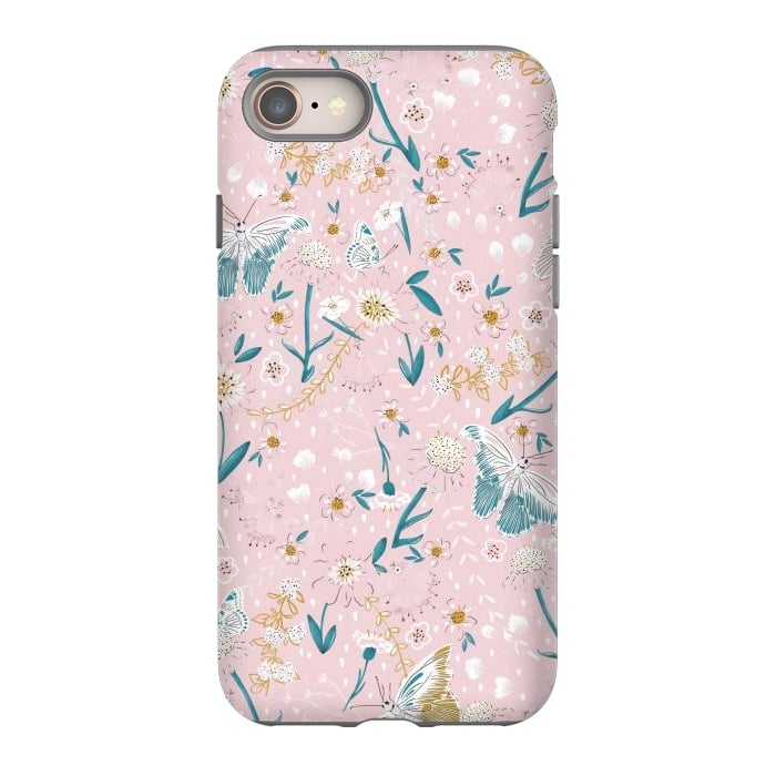 iPhone 8 StrongFit Delicate Daisies and Butterflies half-drop repeat pattern on Pink by Paula Ohreen