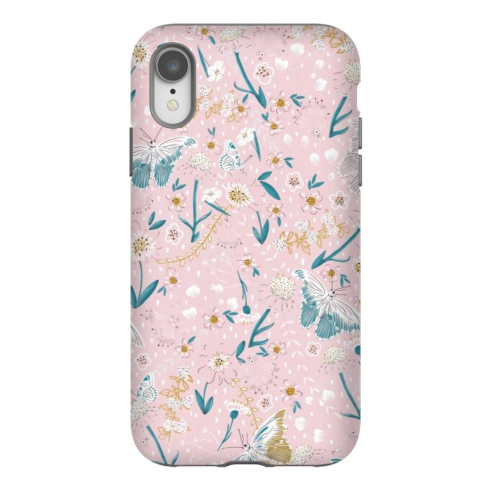 iPhone Xr StrongFit Delicate Daisies and Butterflies half-drop repeat pattern on Pink by Paula Ohreen