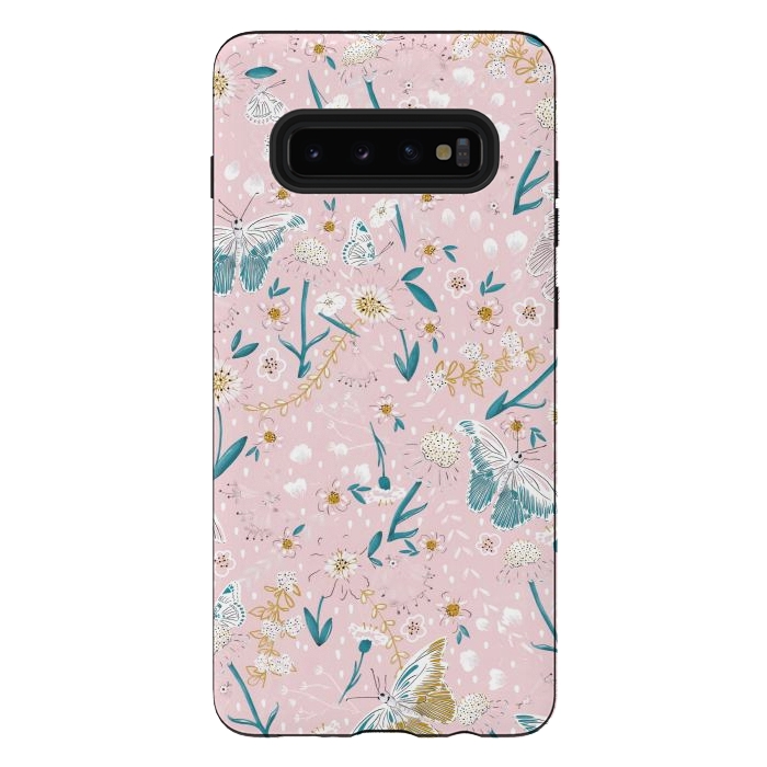 Galaxy S10 plus StrongFit Delicate Daisies and Butterflies half-drop repeat pattern on Pink by Paula Ohreen