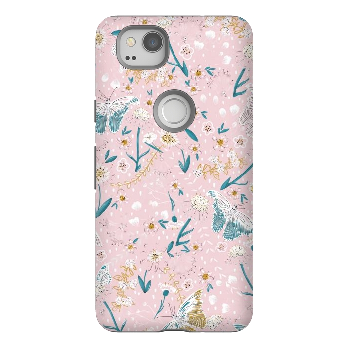 Pixel 2 StrongFit Delicate Daisies and Butterflies half-drop repeat pattern on Pink by Paula Ohreen